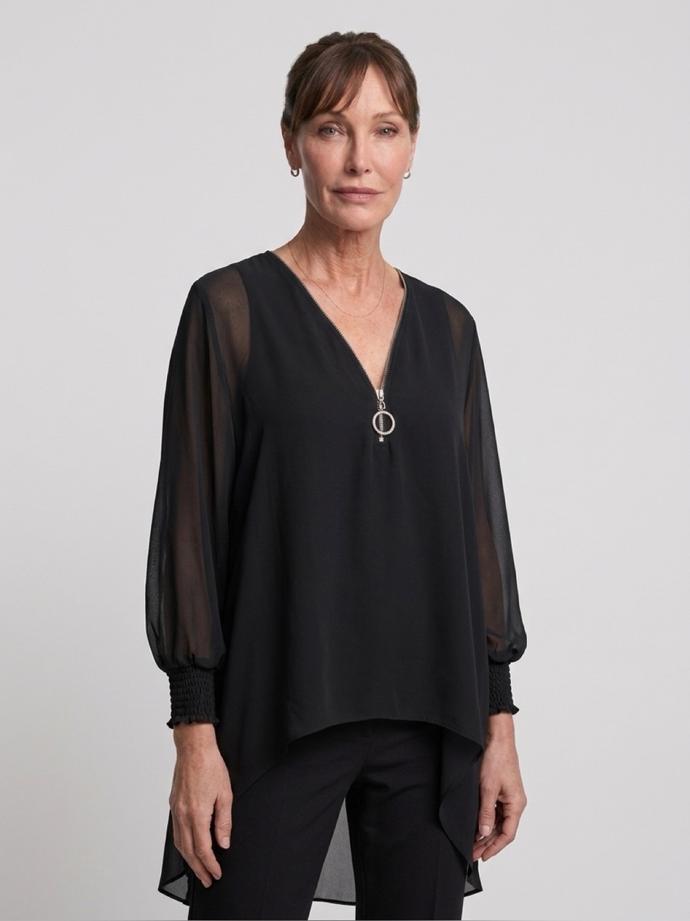 Women's Black Chiffon Tunic with Gold Zip